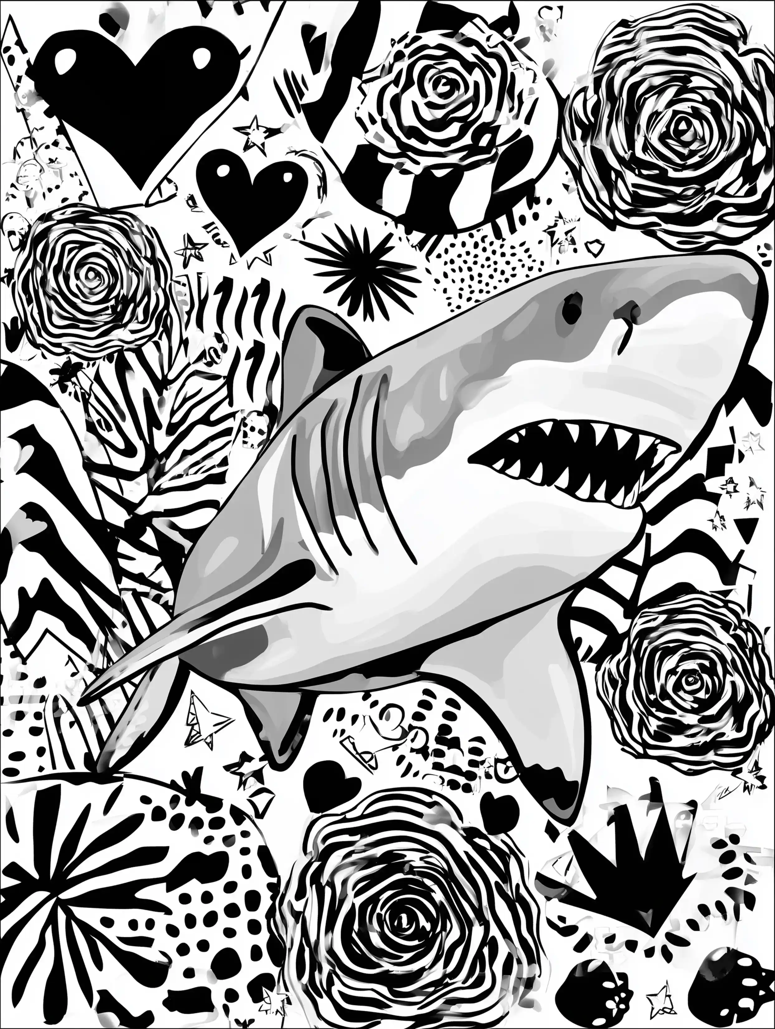 Free printable zoo coloring sheet featuring a shark swimming to the right